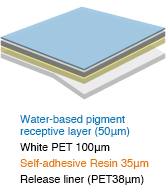 Water-based pigment receptive layer (50μm) White PET 100μm
Self-adhesive Resin 35μm Release liner(PET38μm)
